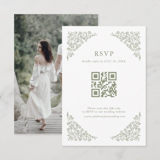 Eenvoudige Delicate Floral Sage Green QR Code Foto RSVP Kaartje (Voorkant / Achterkant)