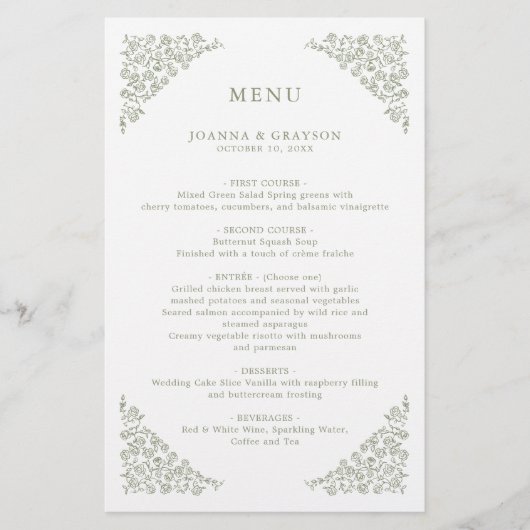 Eenvoudige Delicate Floral Sage Green Wedding Menu (Voorkant)