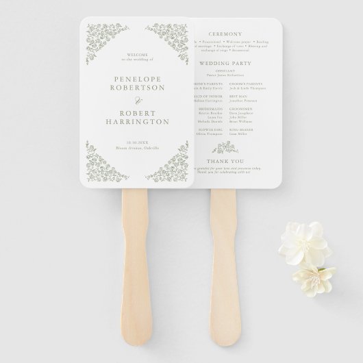 Eenvoudige Delicate Floral Sage Green Wedding Prog Handwaaier (Voorkant en achterkant)