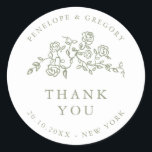 Eenvoudige Delicate Floral Sage Wedding bedankt Ronde Sticker<br><div class="desc">Elegante bruiloft dank u sticker beschikt over een minimalistisch ontwerp met een delicate bloemrand, perfect geschikt voor officiële bruiloften. De klassieke typografie en aanpasbare tekst maken het een tijdloze keuze voor koppels die op zoek zijn naar geavanceerd, gepersonaliseerd huwelijksbriefpapier. Voor maatwerk of extra producten met dit ontwerp, neem dan gerust...</div>