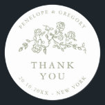 Eenvoudige Delicate Floral Sage Wedding bedankt Ronde Sticker<br><div class="desc">Elegante bruiloft dank u sticker beschikt over een minimalistisch ontwerp met een delicate bloemrand, perfect geschikt voor officiële bruiloften. De klassieke typografie en aanpasbare tekst maken het een tijdloze keuze voor koppels die op zoek zijn naar geavanceerd, gepersonaliseerd huwelijksbriefpapier. Voor maatwerk of extra producten met dit ontwerp, neem dan gerust...</div>