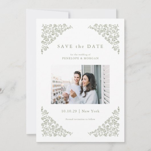 Eenvoudige Delicate Floral Tijdloze Wijze Groene F Save The Date (Voorkant)