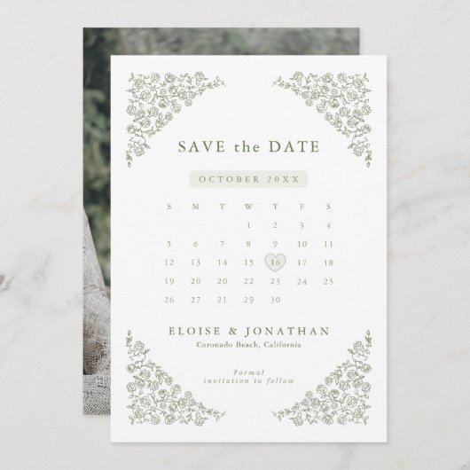 Eenvoudige Delicate Floral Tijdloze Wijze Groene F Save The Date (Voorkant / Achterkant)