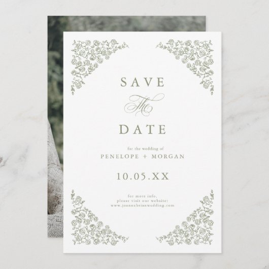 Eenvoudige Delicate Floral Tijdloze Wijze Groene F Save The Date (Voorkant / Achterkant)