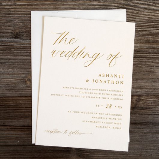 Eenvoudige Delicate Goud en Ivoor Script Bruiloft Kaart
