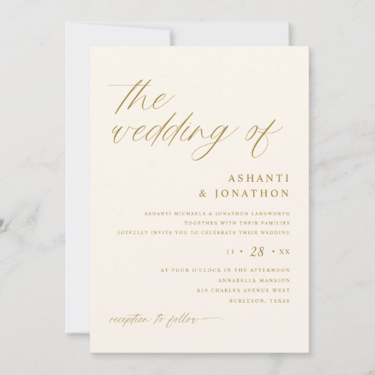 Eenvoudige Delicate Goud en Ivoor Script Bruiloft Kaart (Voorkant)