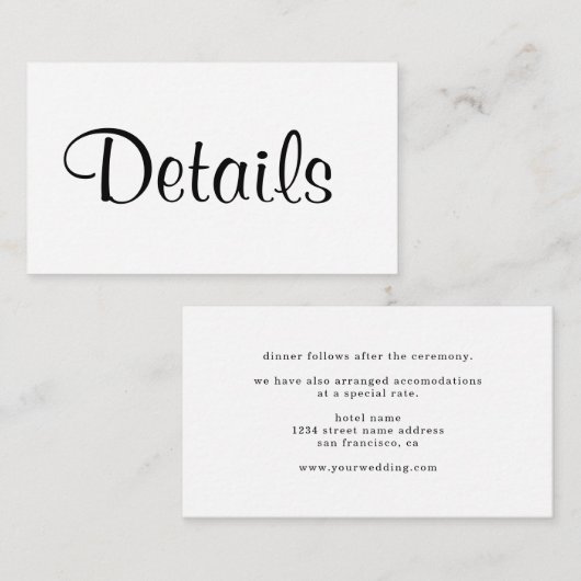 Eenvoudige details over een minimalistische bruilo informatiekaartje (Voorkant / Achterkant)