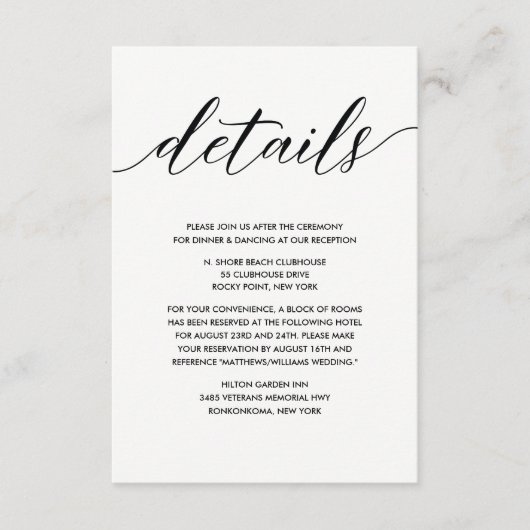 Eenvoudige details over elegant zwart-wit huwelijk informatiekaartje (Voorkant)