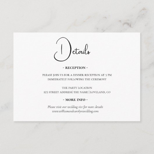 Eenvoudige details over elegant zwart-wit huwelijk informatiekaartje (Voorkant)
