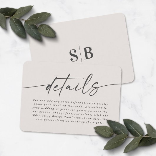 Eenvoudige details over het buitenwitte Ivory Wedd Informatiekaartje