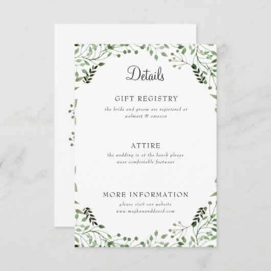 Eenvoudige details over het groene huwelijk informatiekaartje (Voorkant / Achterkant)