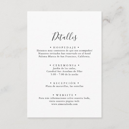 Eenvoudige details Spaanse bruiloft Informatiekaartje (Voorkant)