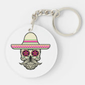 Eenvoudige Dia de Muertos schedel met Pet | Button Sleutelhanger (Achterkant)