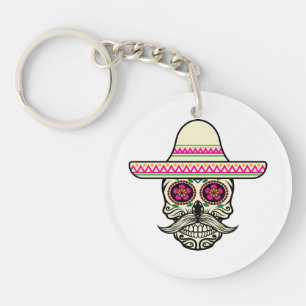 Eenvoudige Dia de Muertos schedel met Pet   Button Sleutelhanger