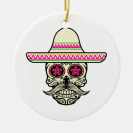 Eenvoudige Dia de Muertos schedel met Pet | Kerami Keramisch Ornament