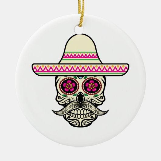Eenvoudige Dia de Muertos schedel met Pet | Kerami Keramisch Ornament (Voorkant)