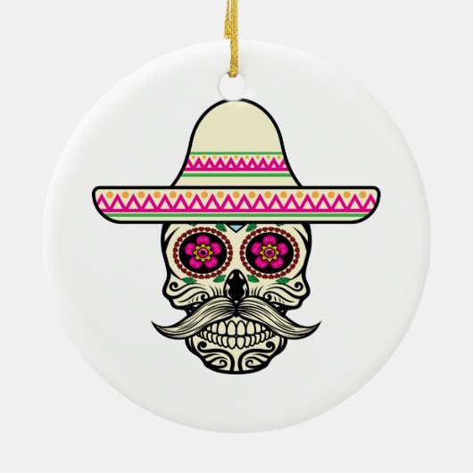 Eenvoudige Dia de Muertos schedel met Pet | Kerami Keramisch Ornament (Achterkant)