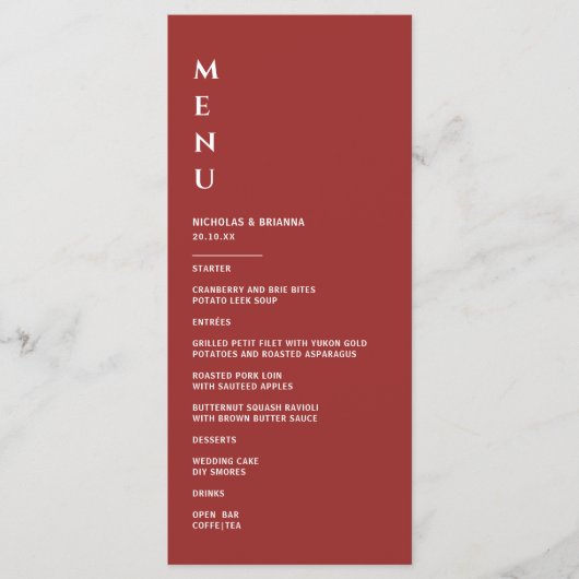 Eenvoudige Dieprode Bruiloft Menu (Voorkant)