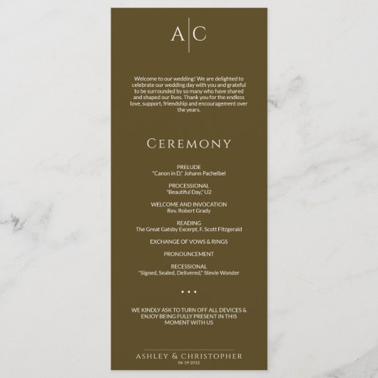 Eenvoudige donker brons monogram bruiloft ceremoni programmakaart (Voorkant)