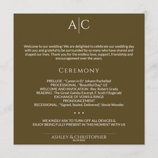 Eenvoudige donker brons monogram bruiloft ceremoni programmakaart (Voorkant)