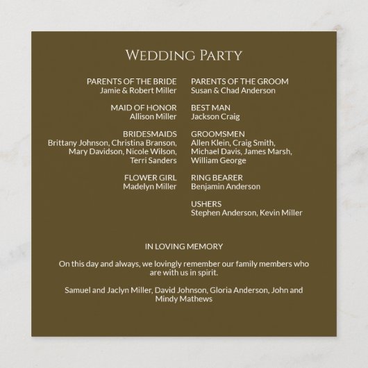 Eenvoudige donker brons monogram bruiloft ceremoni programmakaart (Achterkant)