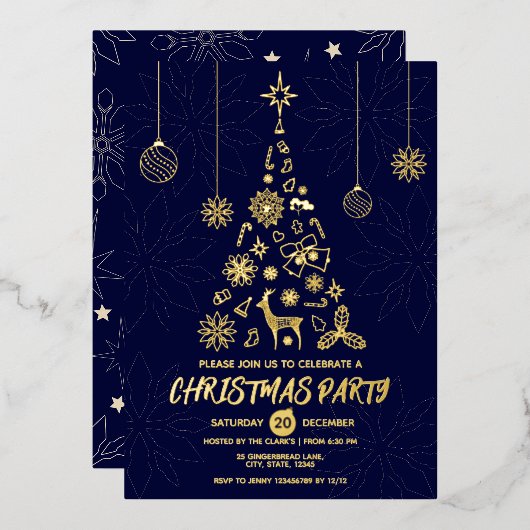 Eenvoudige donkerblauwe en gouden elegante kerstbo folie uitnodiging (Voorkant / Achterkant)