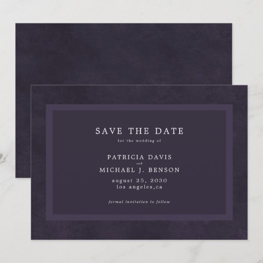 Eenvoudige donkerbruine paarse elegante bruiloft save the date (Voorkant / Achterkant)