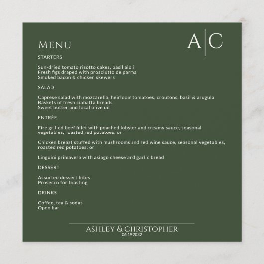 Eenvoudige donkere mos groen monogram bruiloft rec menu (Voorkant)