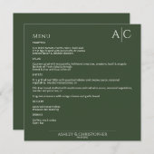 Eenvoudige donkere mos groen monogram bruiloft rec menu (Voorkant / Achterkant)