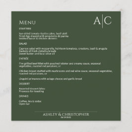 Eenvoudige donkere mos groen monogram bruiloft rec menu
