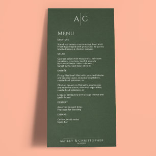 Eenvoudige donkere mos groen monogram bruiloft rec menu