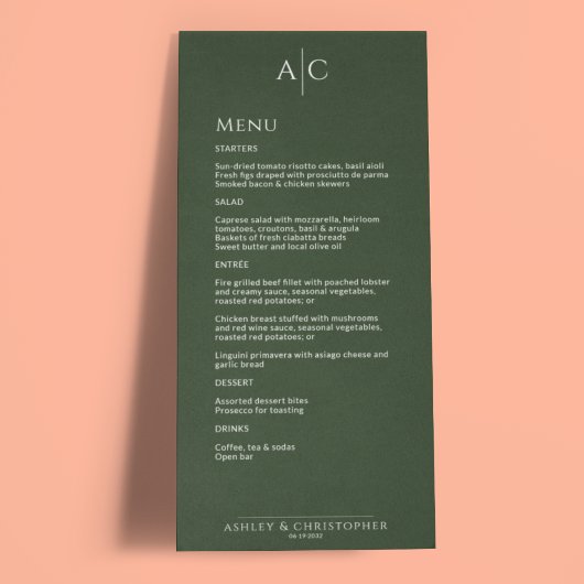 Eenvoudige donkere mos groen monogram bruiloft rec menu