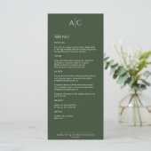 Eenvoudige donkere mos groen monogram bruiloft rec menu (Staand voorkant)