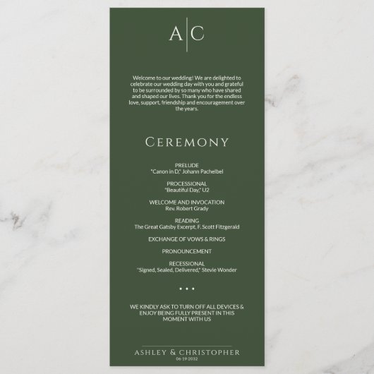 Eenvoudige Donkere Mos Groene Monogram Huwelijksce Programmakaart (Voorkant)