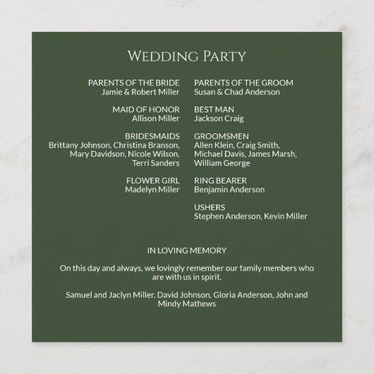 Eenvoudige Donkere Mos Groene Monogram Huwelijksce Programmakaart (Achterkant)