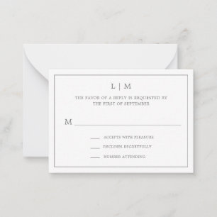 Eenvoudige Donkergrijze Monogram Mini Wedding RSVP Notitiekaartje