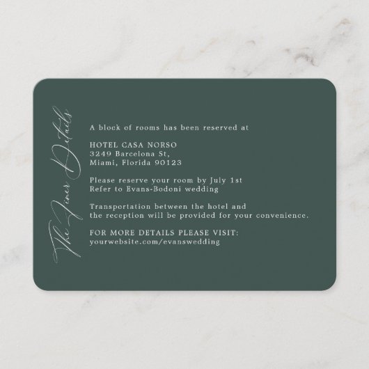 Eenvoudige donkergroene bruiloft fijnere details informatiekaartje (Voorkant)