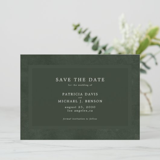 Eenvoudige donkergroene elegante bruiloft save the date (Staand voorkant)