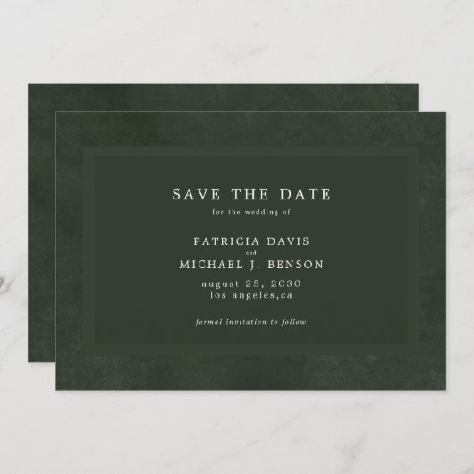Eenvoudige donkergroene elegante bruiloft save the date (Voorkant / Achterkant)