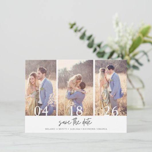 Eenvoudige drie foto-bruiloft bespaart de datum save the date (Staand voorkant)