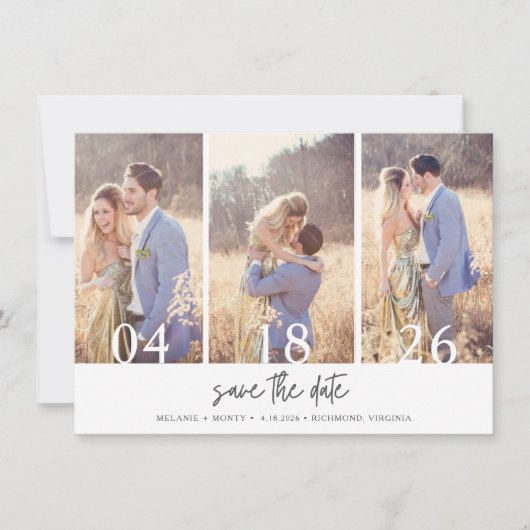 Eenvoudige drie foto-bruiloft bespaart de datum save the date (Voorkant)