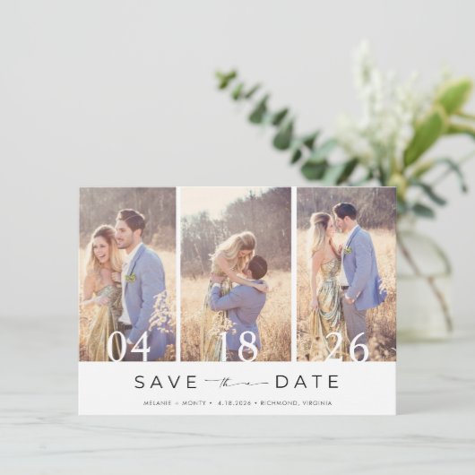 Eenvoudige drie foto-bruiloft bespaart de datum save the date (Staand voorkant)