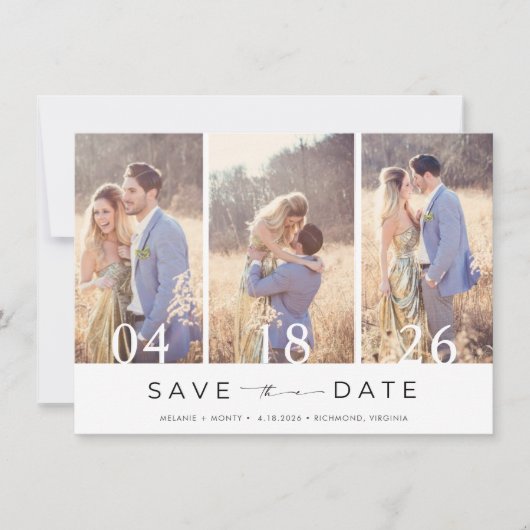 Eenvoudige drie foto-bruiloft bespaart de datum save the date (Voorkant)