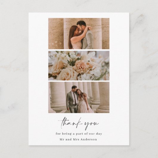 Eenvoudige drie foto bruiloft blanco dank u briefkaart (Voorkant)
