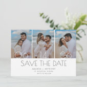 Eenvoudige drie foto strand bruiloft save the date (Staand voorkant)