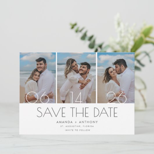 Eenvoudige drie foto strand bruiloft save the date (Staand voorkant)