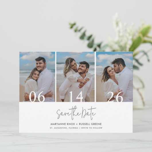 Eenvoudige drie foto strand bruiloft save the date (Staand voorkant)