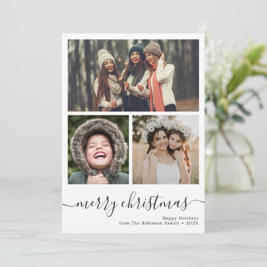 Eenvoudige drie foto vrolijke kerstkaart (Staand voorkant)