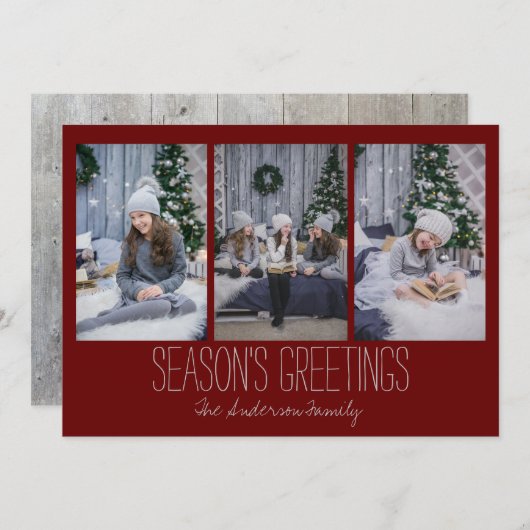 Eenvoudige drie fotofeestdagen, bijtende feestdagenkaart (Voorkant / Achterkant)