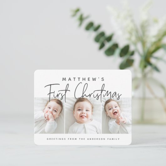 Eenvoudige drie foto's voor baby's eerste kerstmis feestdagenkaart (Staand voorkant)